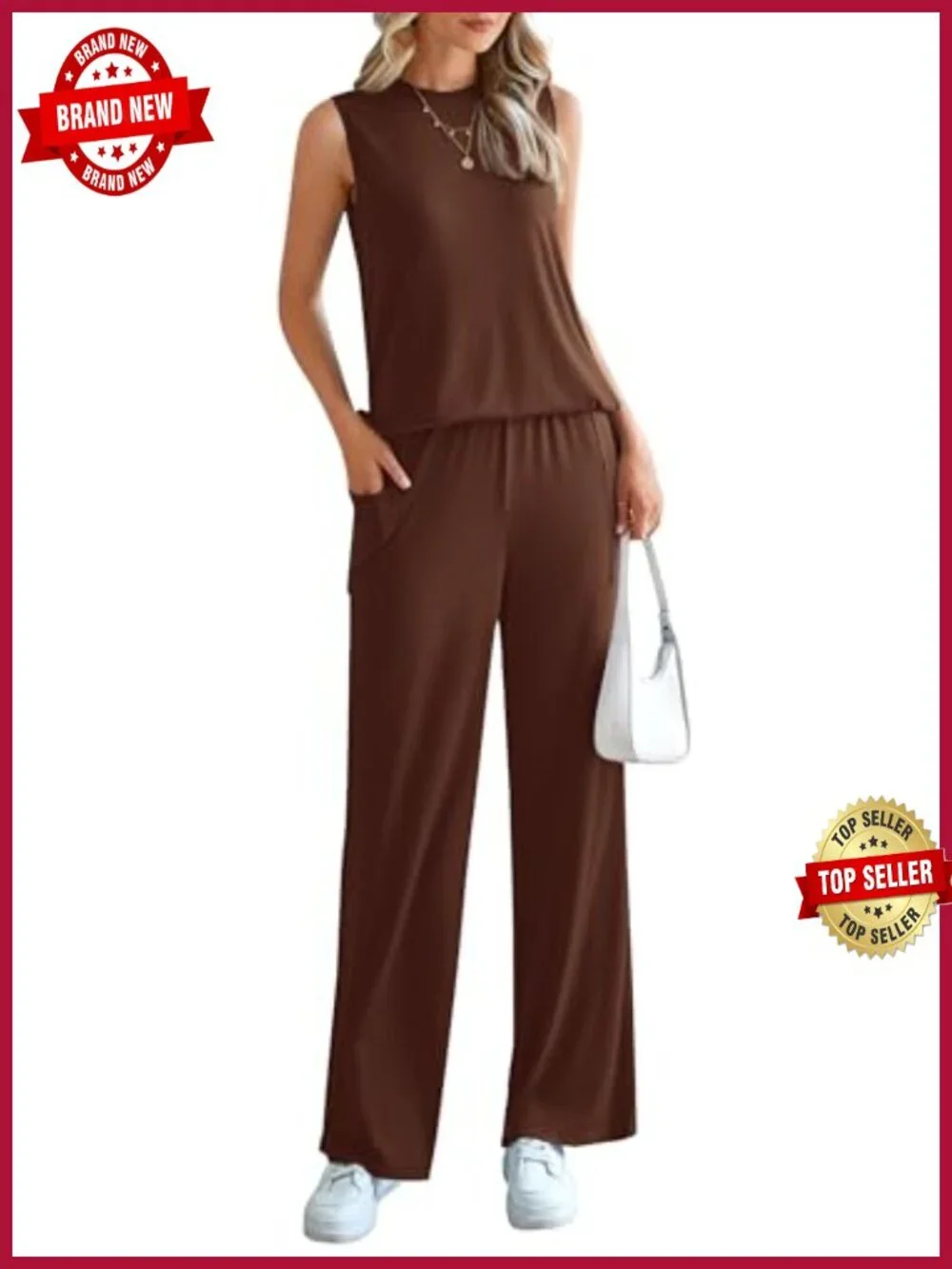 2 Piece Lounge Set for Women - Sleeveless Tank & Wide Leg Pants with Pockets_2